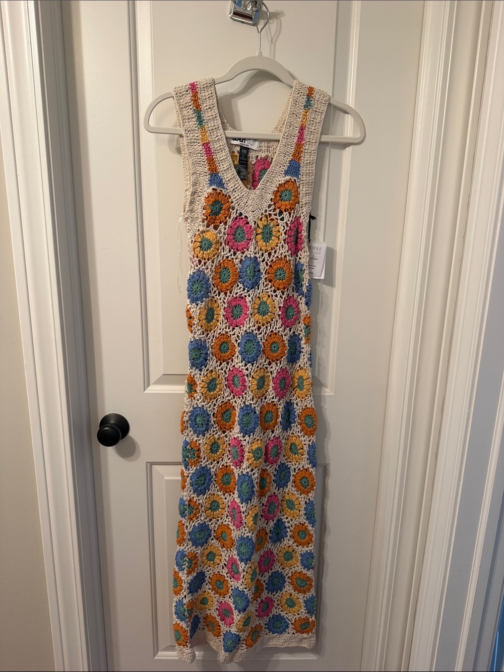 Beach Riot Crochet Maxi Swim Coverup in Cream with Pink, Blue & Orange XS NWT